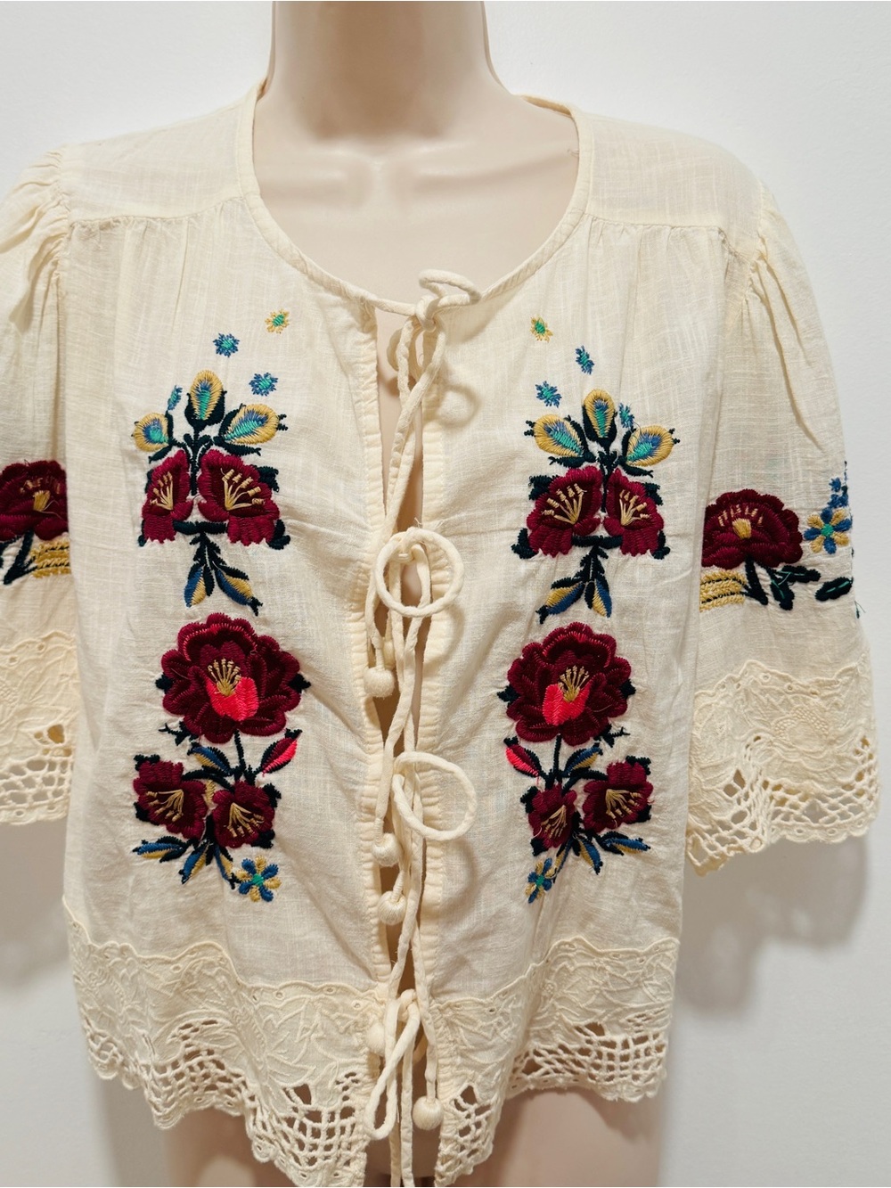 Jennifer & Grace Cream Embroidered Tie-Front Blouse - Picture 7 of 11